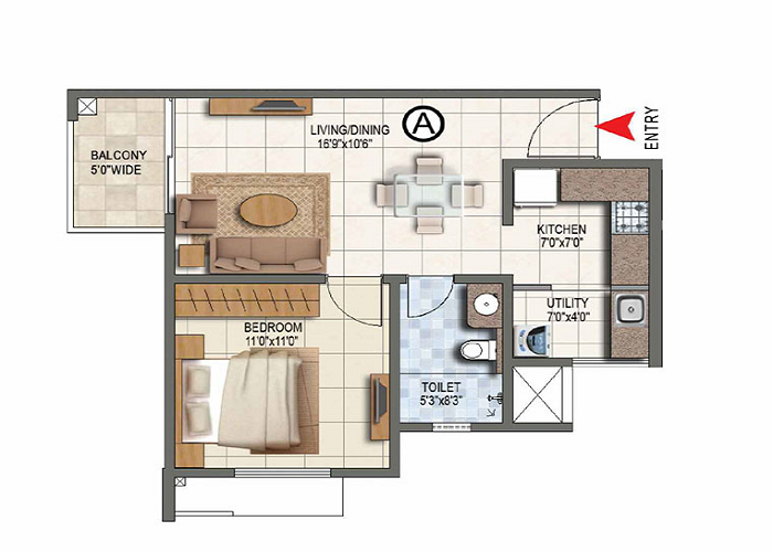 Prestige Southern Star 1 BHK Floor Plan