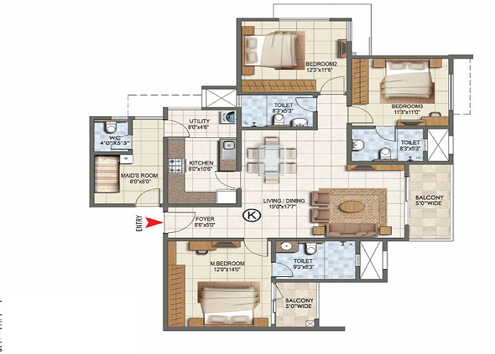 Prestige Southern Star 3 BHK Floor Plan