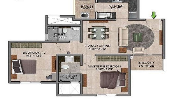 Prestige Southern Star 2 BHK Floor Plan